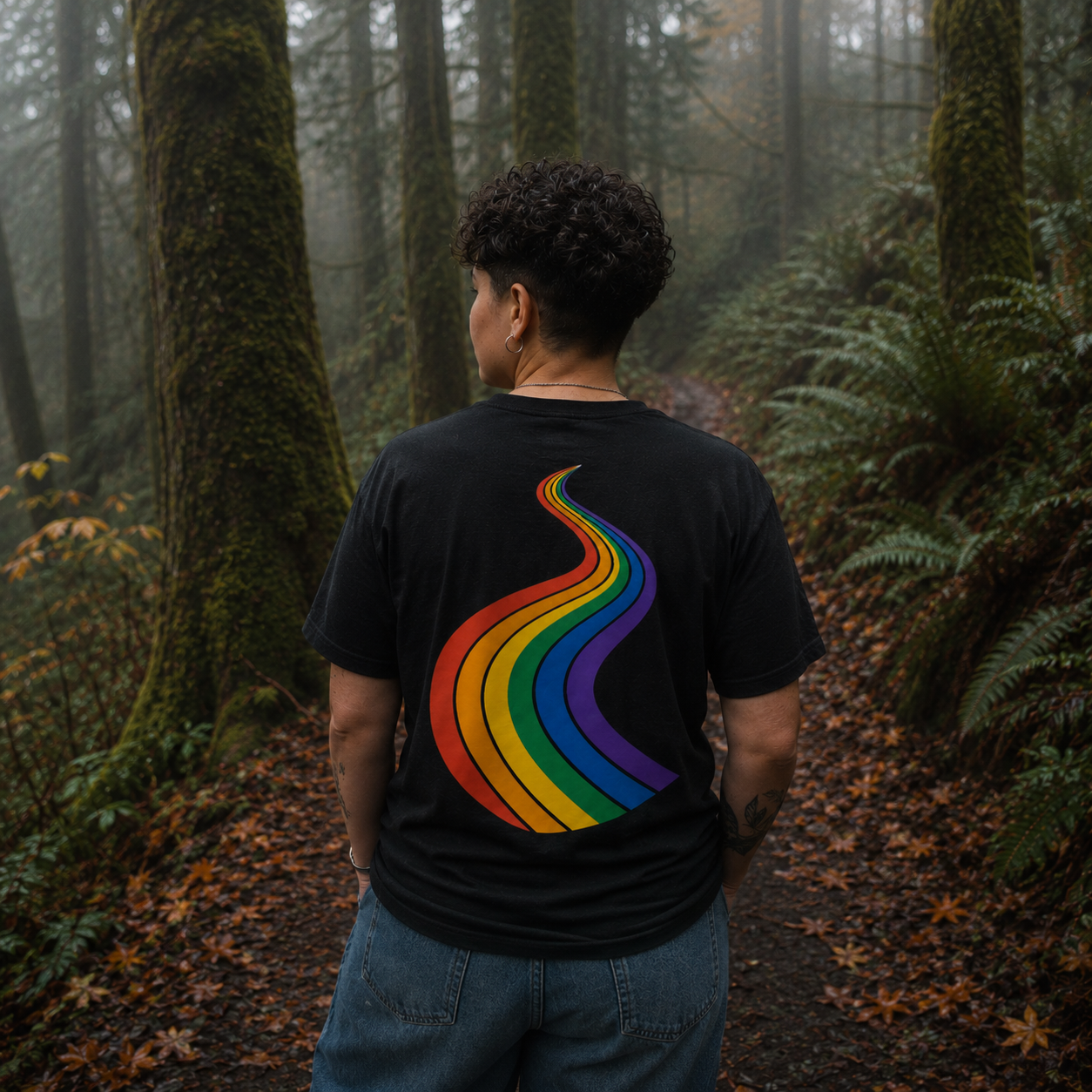 ProudPath Women's Relaxed V-Neck T-Shirt — queer-owned Pacific Northwest LGBTQ+ Pride apparel, back view