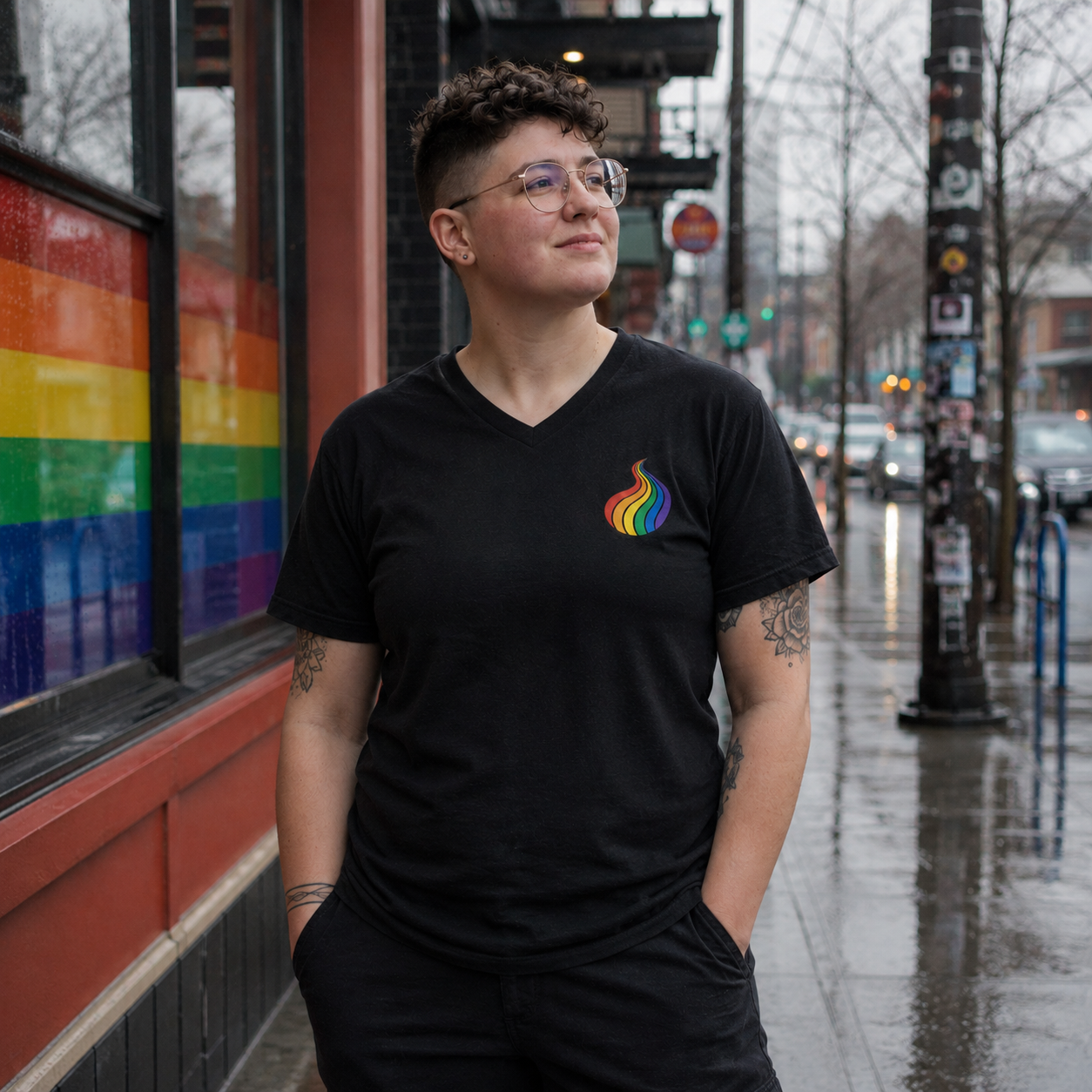 ProudPath Women's Relaxed V-Neck T-Shirt — queer-owned Pacific Northwest LGBTQ+ Pride apparel, front view
