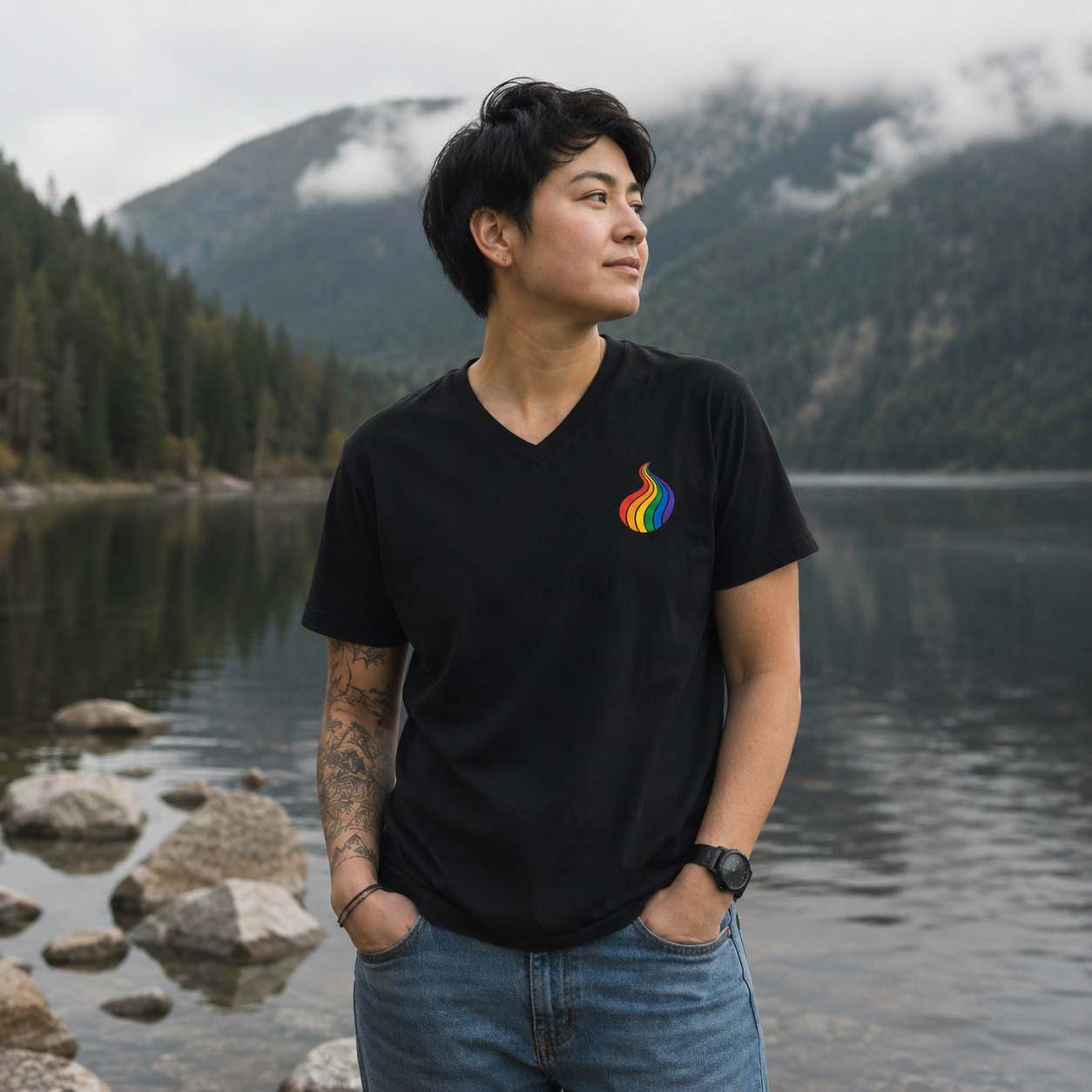 ProudPath Women's Relaxed V-Neck T-Shirt — queer-owned Pacific Northwest LGBTQ+ Pride apparel, front view