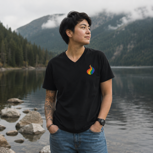 ProudPath Women's Relaxed V-Neck T-Shirt — queer-owned Pacific Northwest LGBTQ+ Pride apparel, front view