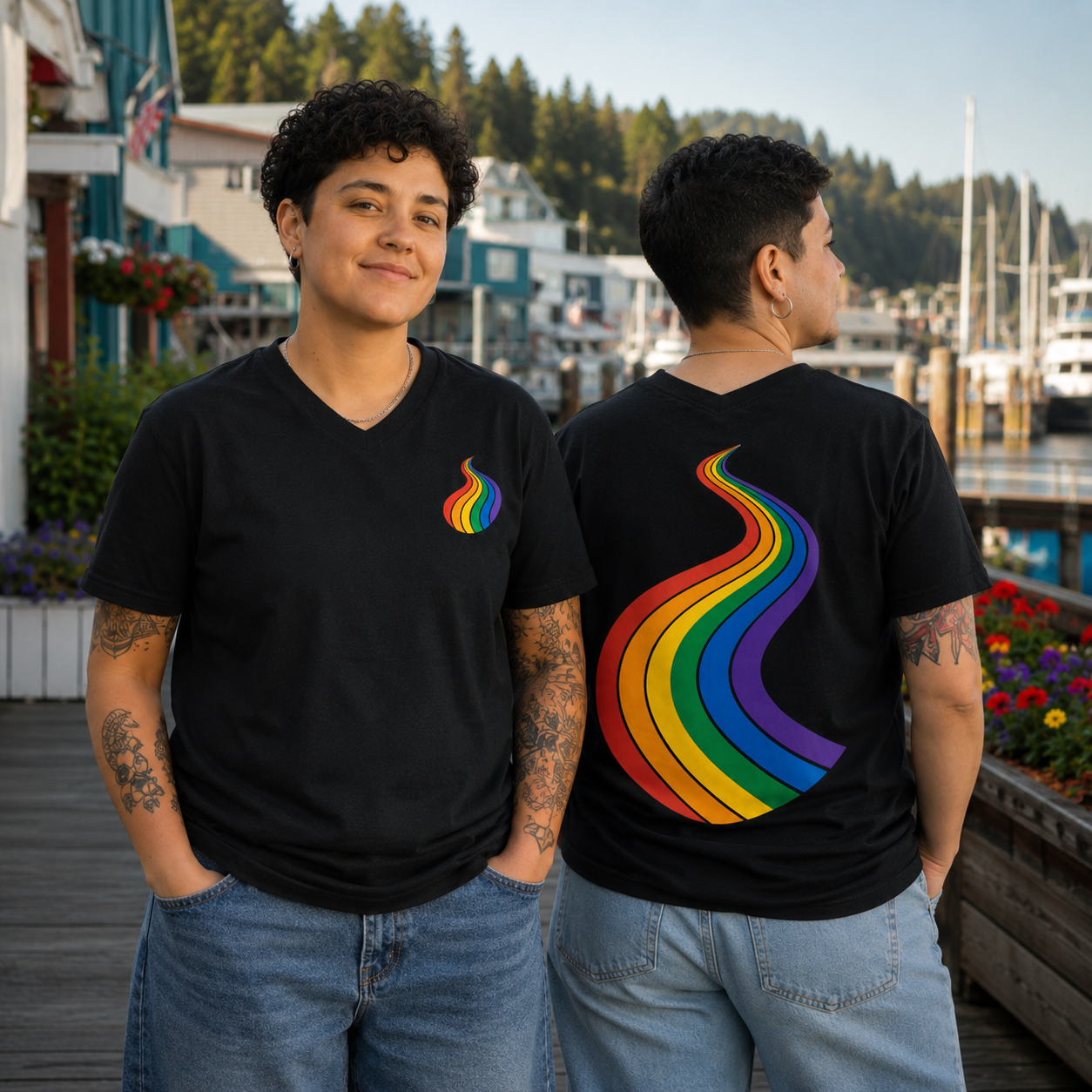 ProudPath Women's Relaxed V-Neck T-Shirt — queer-owned Pacific Northwest LGBTQ+ Pride apparel, front view
