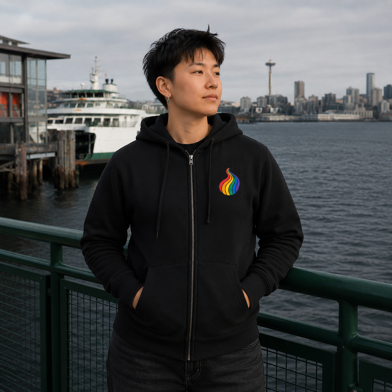 ProudPath Zip Hoodie — queer-owned Pacific Northwest LGBTQ+ Pride apparel, front view
