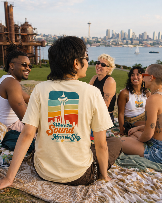 Where the Sound Meets the Sky T-Shirt — queer-owned Pacific Northwest LGBTQ+ Pride apparel, front view