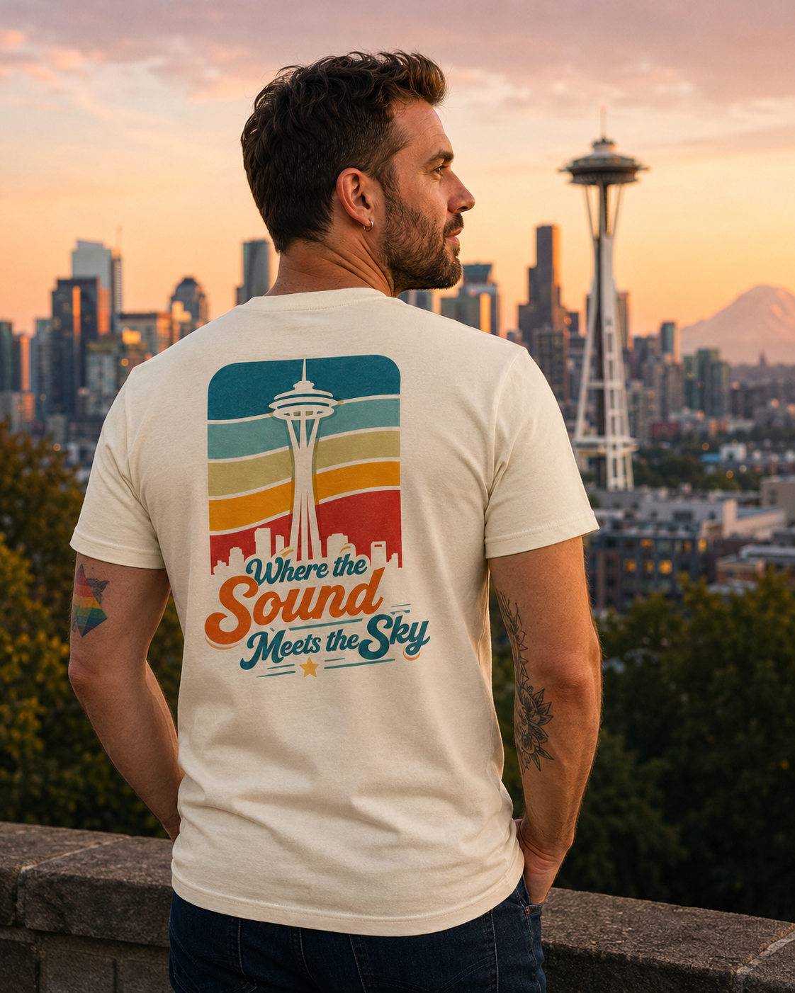 Where the Sound Meets the Sky T-Shirt — queer-owned Pacific Northwest LGBTQ+ Pride apparel, front view