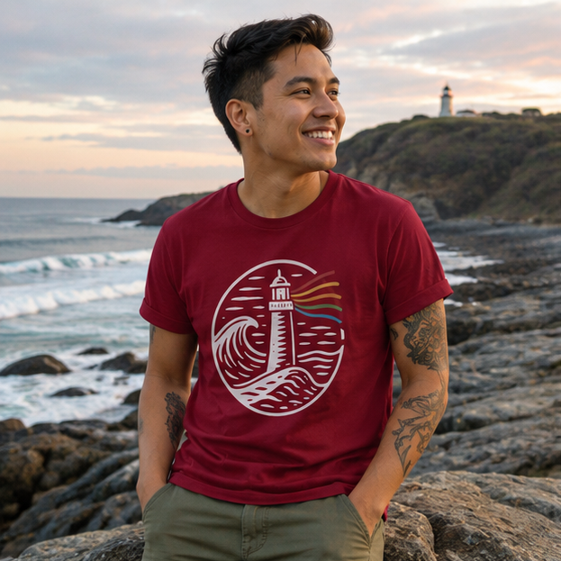 A Beacon Always Burns Lighthouse T-Shirt on the rocky Pacific Northwest coast — queer-owned PNW Pride apparel, front view