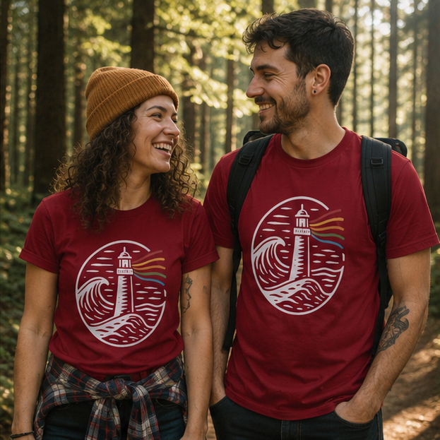 A Beacon Always Burns Lighthouse T-Shirt at a Pacific Northwest forest trail — queer-owned PNW Pride apparel, front view