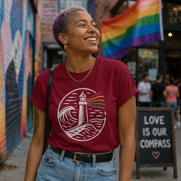 A Beacon Always Burns Lighthouse T-Shirt in a Pacific Northwest Pride mural with compass detail — PNW Pride apparel, front view