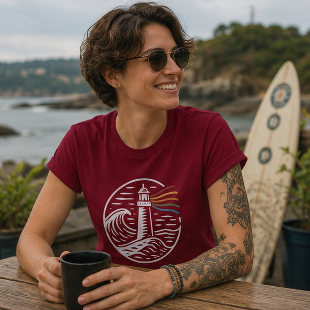 A Beacon Always Burns Lighthouse T-Shirt on a Pacific Northwest coastal café — queer-owned PNW Pride apparel, front view
