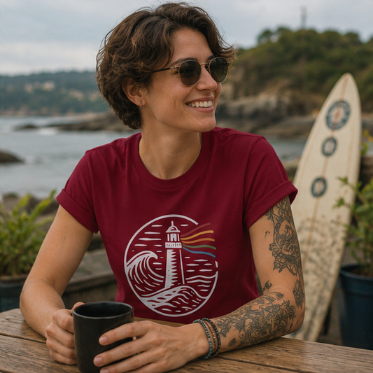A Beacon Always Burns Lighthouse T-Shirt on a Pacific Northwest coastal café — queer-owned PNW Pride apparel, front view