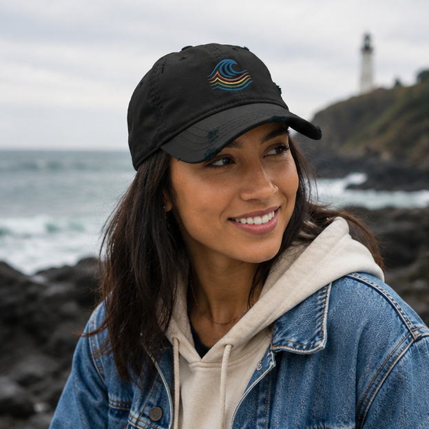 BreakWater Canvas Cap on a Pacific Northwest lighthouse coast — queer-owned PNW Pride apparel, front view