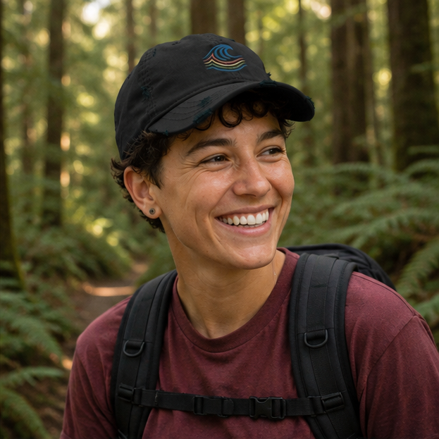 BreakWater Canvas Cap at a Pacific Northwest forest trail — queer-owned PNW Pride apparel, front view