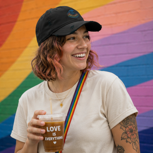 BreakWater Canvas Cap in a Pacific Northwest Pride mural community space — queer-owned PNW Pride apparel, front view
