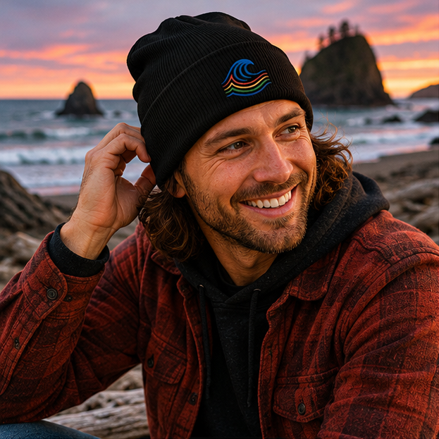 BreakWater Embroidered Beanie on a rocky Pacific Northwest coast at sunset — queer-owned PNW Pride apparel, front view