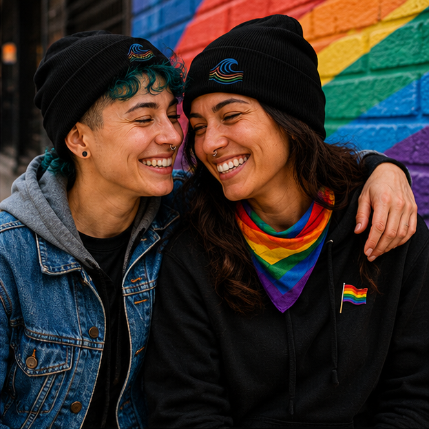BreakWater Embroidered Beanie in a Pacific Northwest Pride mural — queer-owned PNW Pride apparel, front view