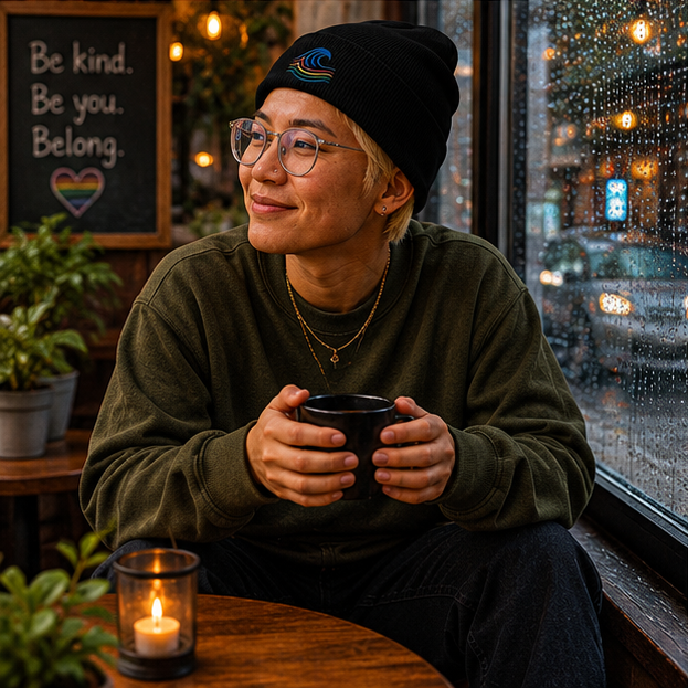 BreakWater Embroidered Beanie at a cozy Pacific Northwest rainy café — queer-owned PNW Pride apparel, front view