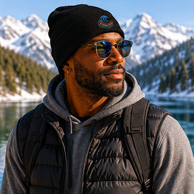 BreakWater Embroidered Beanie at a Pacific Northwest mountain lake in winter — queer-owned PNW Pride apparel, front view