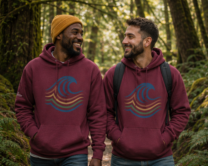 BreakWater Hoodie at a Pacific Northwest forest trail — queer-owned PNW Pride apparel, front view