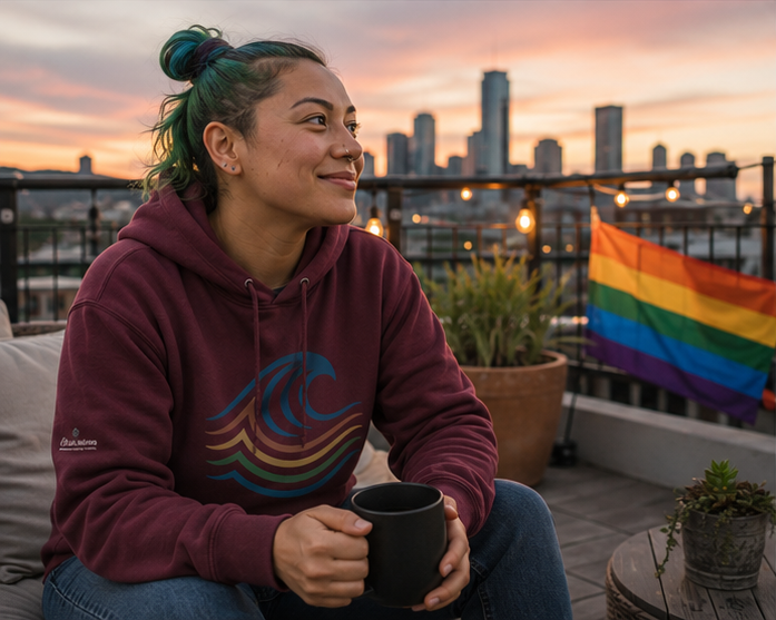 BreakWater Hoodie at a Seattle Pride rooftop gathering — queer-owned PNW Pride apparel, front view