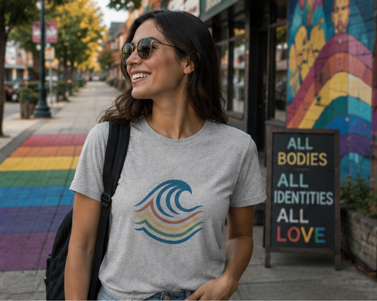 BreakWater T-Shirt in a Pacific Northwest Pride mural street — queer-owned PNW Pride apparel, front view