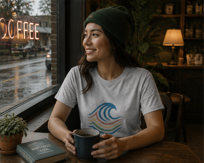 BreakWater T-Shirt at a cozy Pacific Northwest rainy café — queer-owned PNW Pride apparel, front view