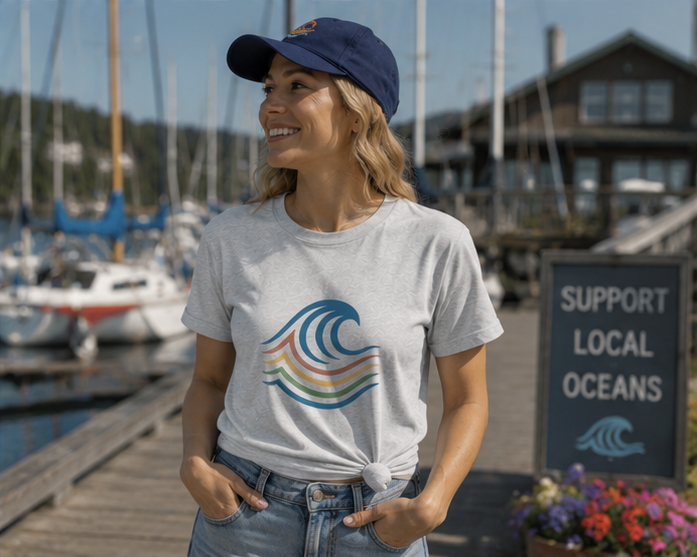 BreakWater T-Shirt at a small Pacific Northwest marina town — queer-owned PNW Pride apparel, front view
