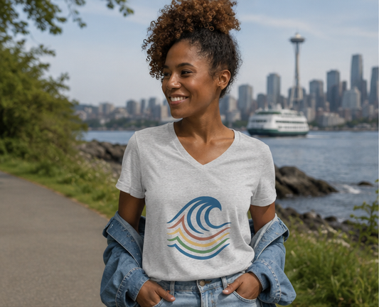 BreakWater Women's Relaxed V-Neck T-Shirt on the Seattle waterfront — queer-owned PNW Pride apparel, front view
