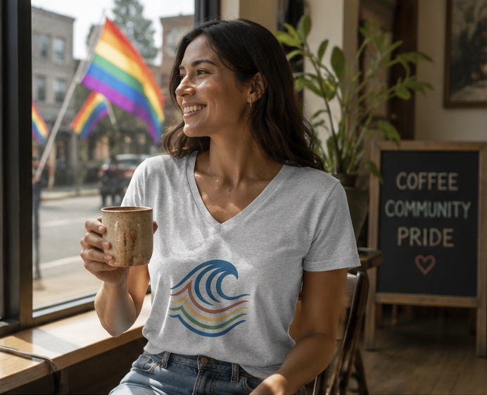 BreakWater Women's Relaxed V-Neck T-Shirt at a cozy Pacific Northwest café — queer-owned PNW Pride apparel, front view