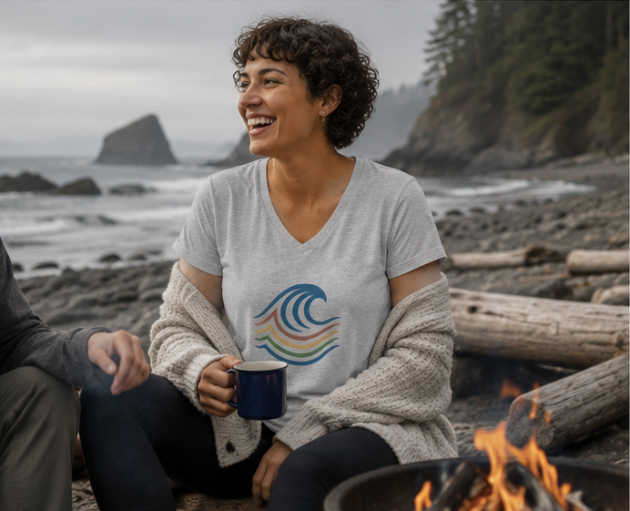 BreakWater Women's Relaxed V-Neck T-Shirt on a campfire on the rocky Pacific Northwest coast — PNW Pride apparel, front view