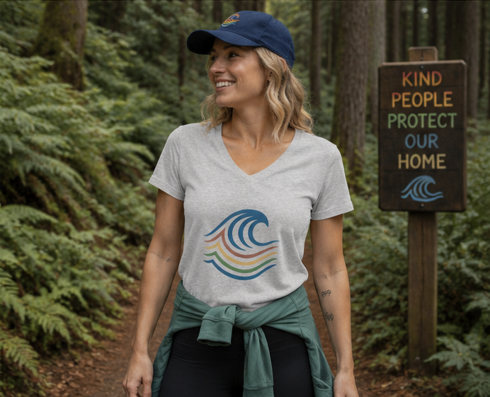BreakWater Women's Relaxed V-Neck T-Shirt at a Pacific Northwest forest trail — queer-owned PNW Pride apparel, front view
