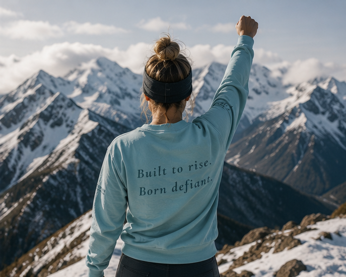 Defiant Sweatshirt at a snowy Pacific Northwest mountain — queer-owned PNW Pride apparel, back view with inspirational quote