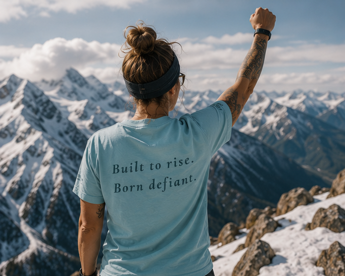 Defiant T-Shirt at a snowy Pacific Northwest mountain — queer-owned PNW Pride apparel, back view with inspirational quote