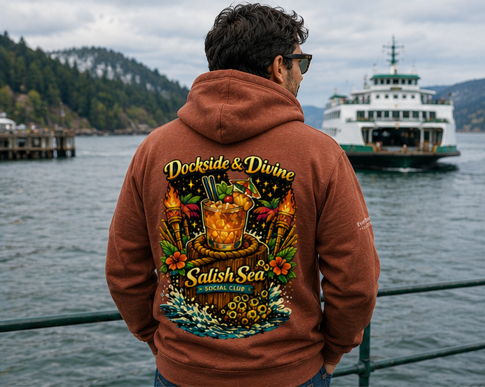 Dockside Divine Hoodie on the ferry waterfront — queer-owned PNW Pride apparel, back view