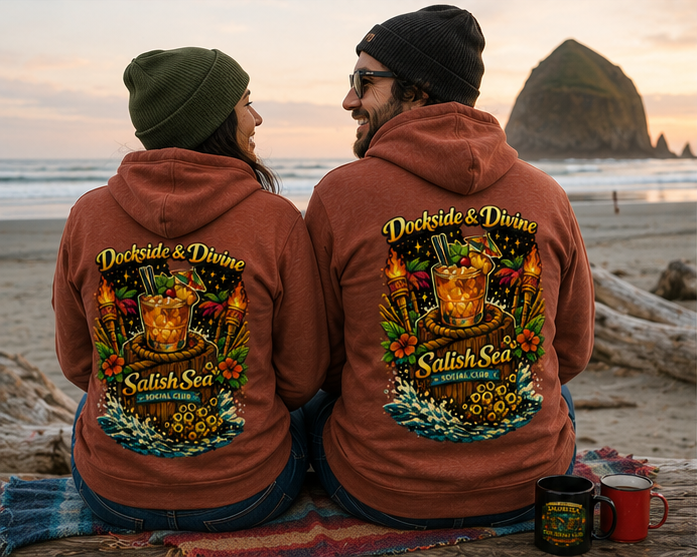 Dockside Divine Hoodie on Cannon Beach — queer-owned PNW Pride apparel, back view