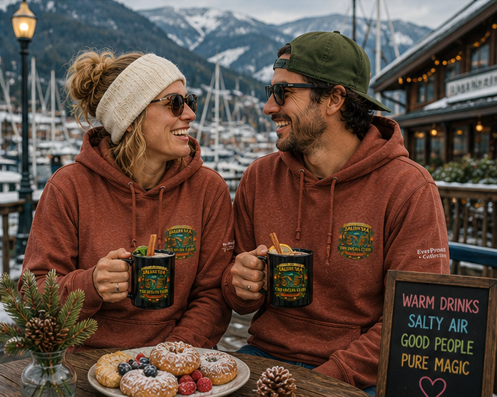 Dockside Divine Hoodie at a winter Pacific Northwest marina — queer-owned PNW Pride apparel, front view