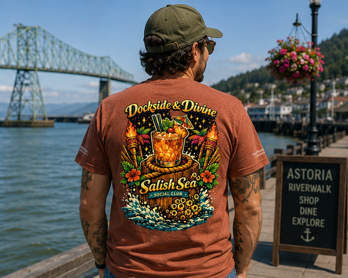 Dockside Divine T-Shirt at the Astoria Riverwalk — queer-owned PNW Pride apparel, back view