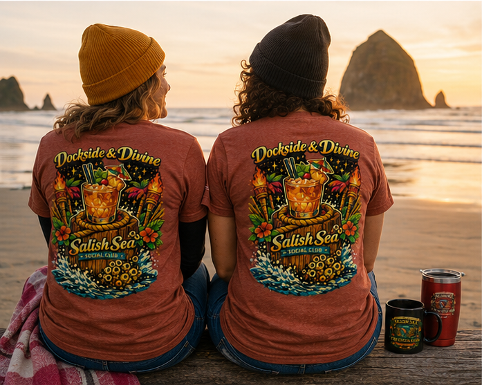 Dockside Divine T-Shirt on Cannon Beach — queer-owned PNW Pride apparel, back view