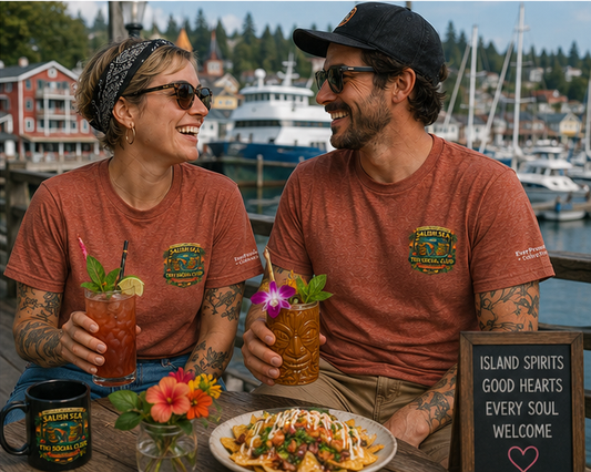Dockside Divine T-Shirt at a Salish Sea marina — queer-owned PNW Pride apparel, front view