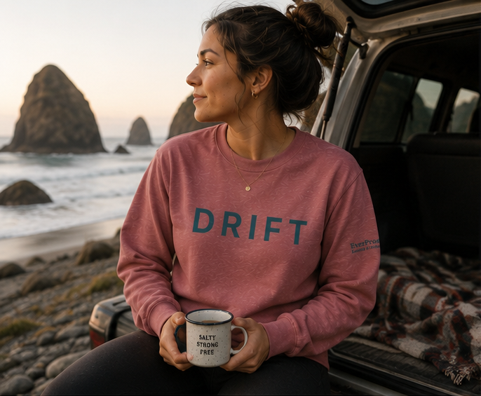 Drift Sweatshirt at a Pacific Northwest coastal van morning — queer-owned PNW Pride apparel, front view