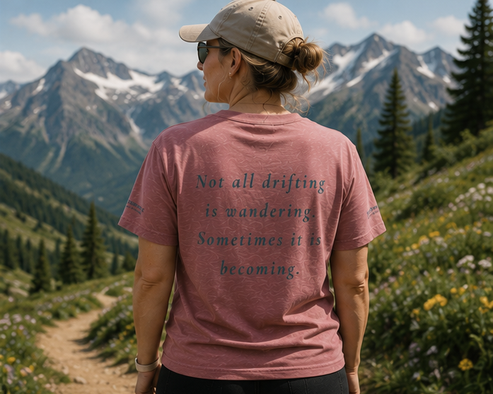 Drift T-Shirt on an alpine wildflower trail — queer-owned PNW Pride apparel, back view with inspirational quote