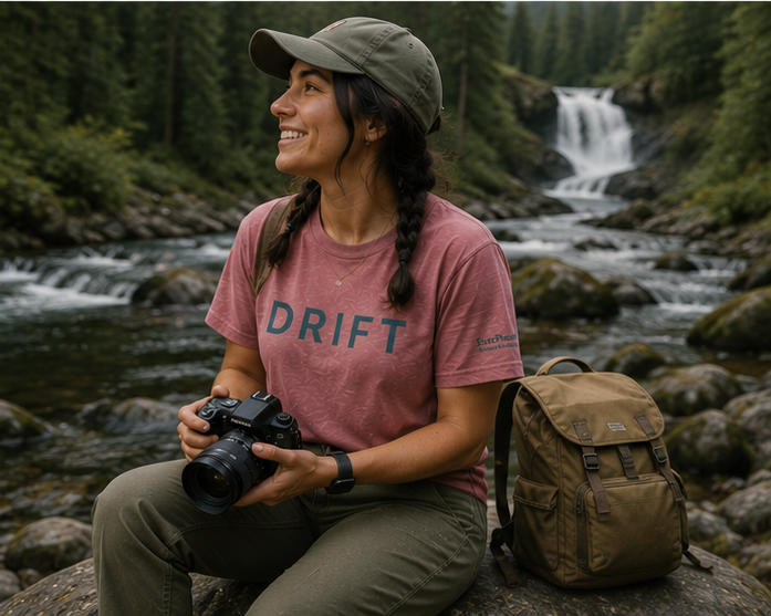 Drift T-Shirt at a Pacific Northwest forest waterfall — queer-owned PNW Pride apparel, front view