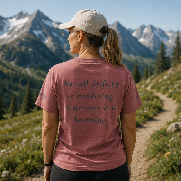 Drift Women's Relaxed T-Shirt on an alpine trail — queer-owned PNW Pride apparel, back view with inspirational quote
