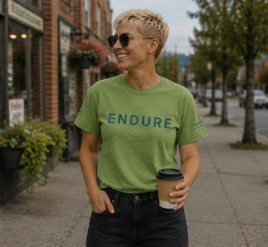 Endure T-Shirt at a Pacific Northwest small town — queer-owned PNW Pride apparel, front view