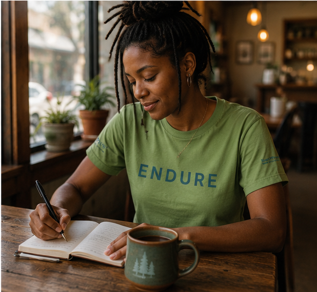 Endure Women's Relaxed T-Shirt at a coffee shop with a journal — queer-owned PNW Pride apparel, front view