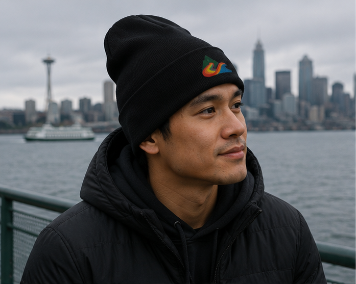 EverProud Logo Minimalist Beanie on the Seattle waterfront — queer-owned PNW Pride apparel, front view