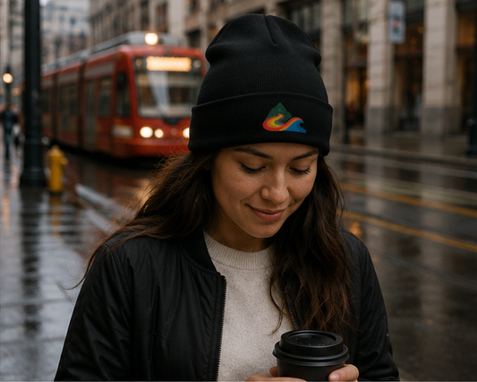 EverProud Logo Minimalist Beanie at a rainy Portland streetcar stop — queer-owned PNW Pride apparel, front view
