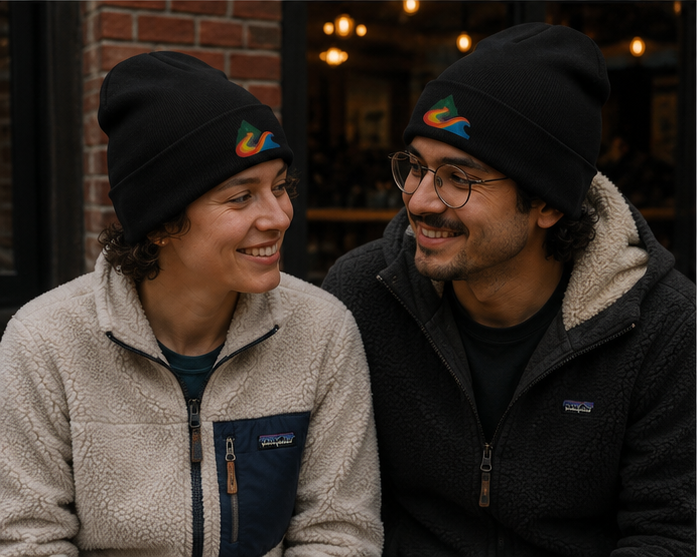 EverProud Logo Minimalist Beanie at a cozy Pacific Northwest coffee shop — queer-owned PNW Pride apparel, front view