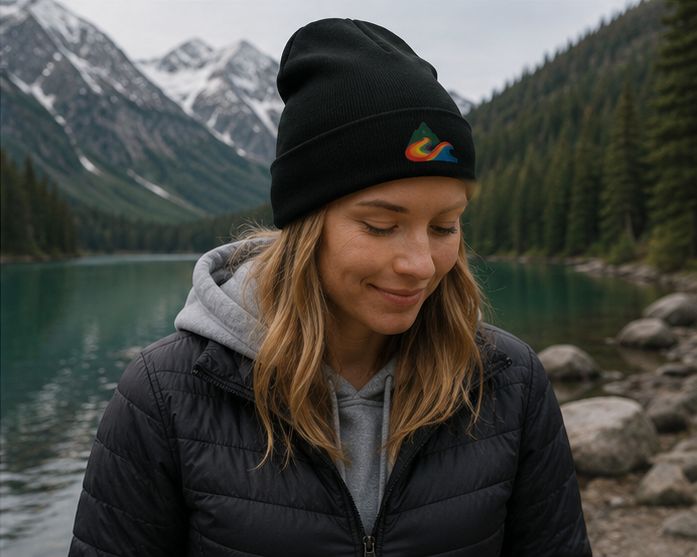 EverProud Logo Minimalist Beanie at a misty Pacific Northwest mountain lake — queer-owned PNW Pride apparel, front view