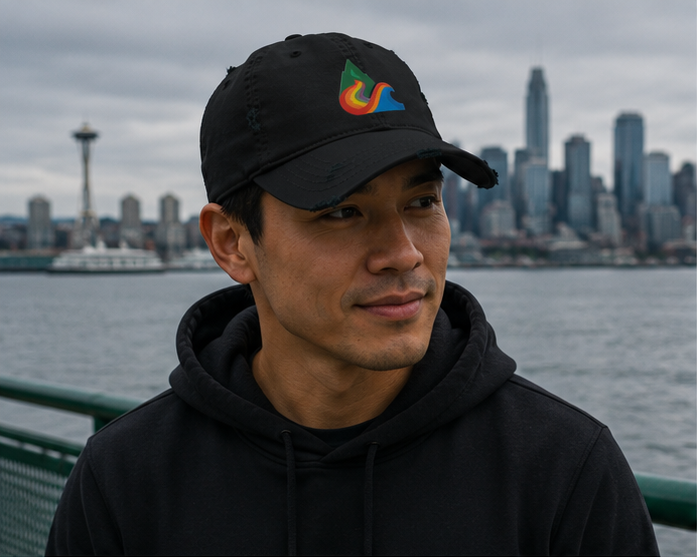 EverProud Logo Minimalist Canvas Cap on the Seattle waterfront — queer-owned PNW Pride apparel, front view