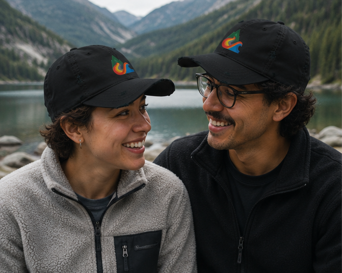 EverProud Logo Minimalist Canvas Cap at a misty Pacific Northwest mountain lake — queer-owned PNW Pride apparel, front view