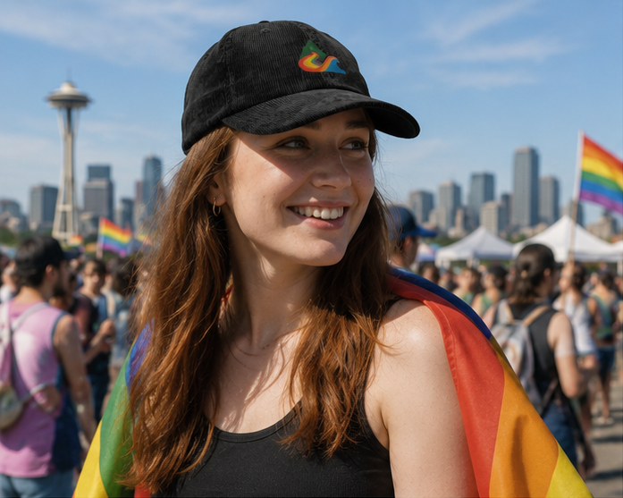 EverProud Logo Minimalist Corduroy Cap at a Seattle Pride gathering — queer-owned PNW Pride apparel, front view